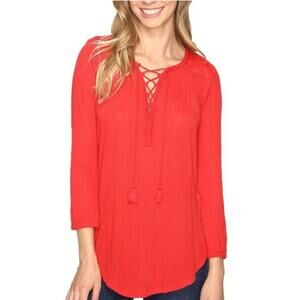 2/$15 Lucky Brand Lace-Up Embroidered Peasant Top Red Boho Tassel Size XS